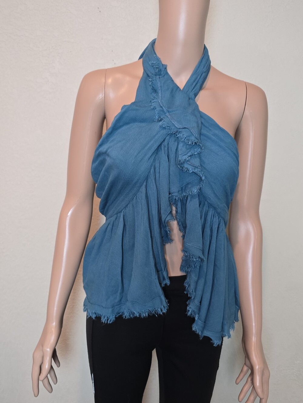 Free People Boho chic Halter Teal Wrap Top Flowy Ruffled Festival Beach Size Xs - Picture 4 of 11